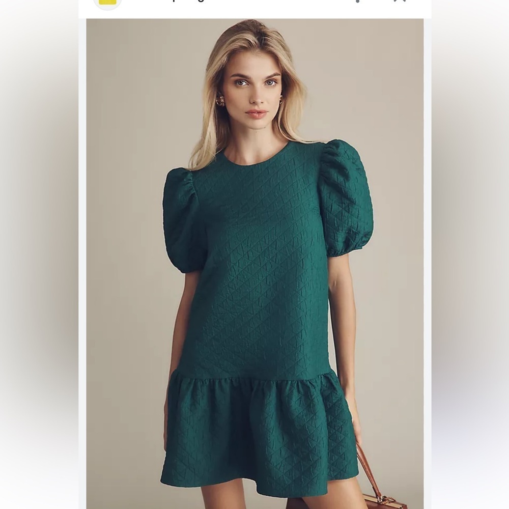 NWT Anthropologie Maeve Green Quilted Puff Sleeve Drop Waist Mini Dress Large